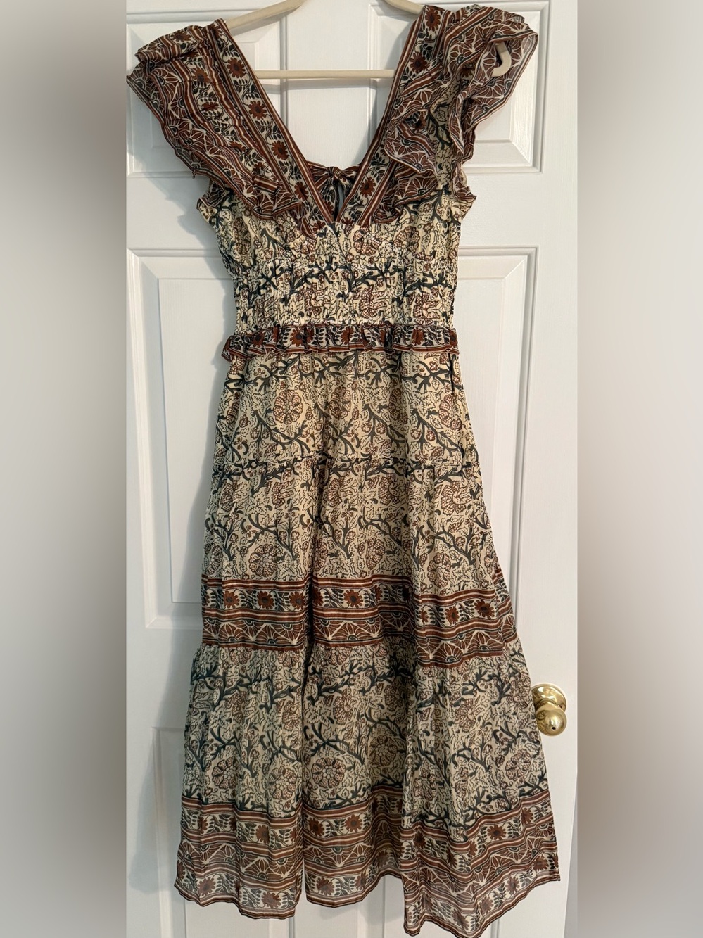 SEA New York  Cream and Brown Printed V-Neck Maxi Dress-tie back